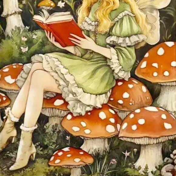 Whimsical Fantasy Enchanted Forest Mushroom Fairy Reading Book Canvas Art Print - Picture 3 of 3